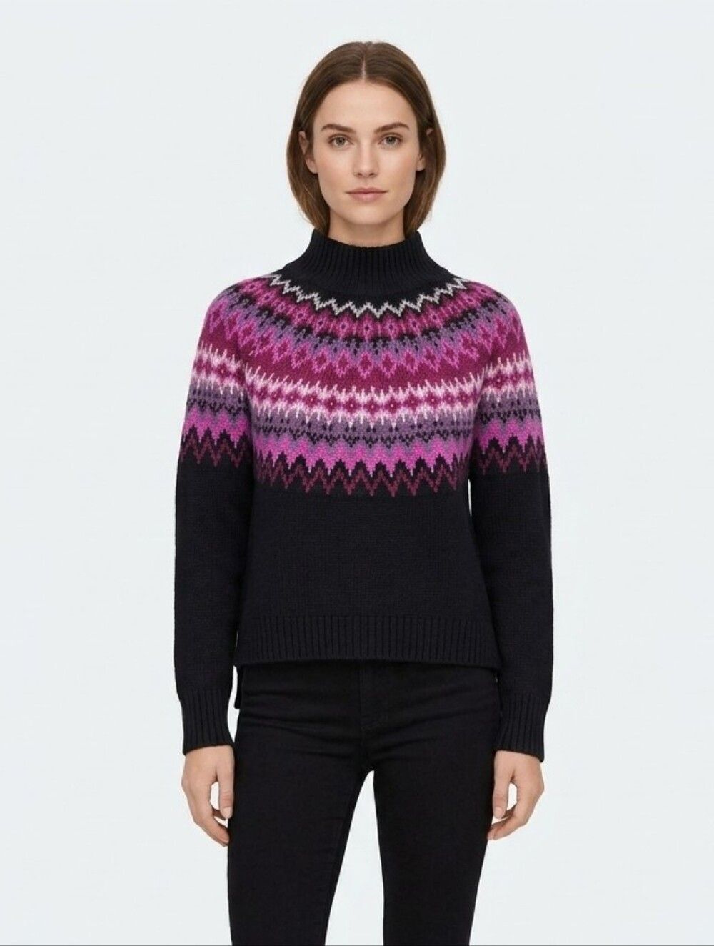 Lucky Brand Fair Isle Knit Sweater Size Medium M Black Pink Purple Geometric